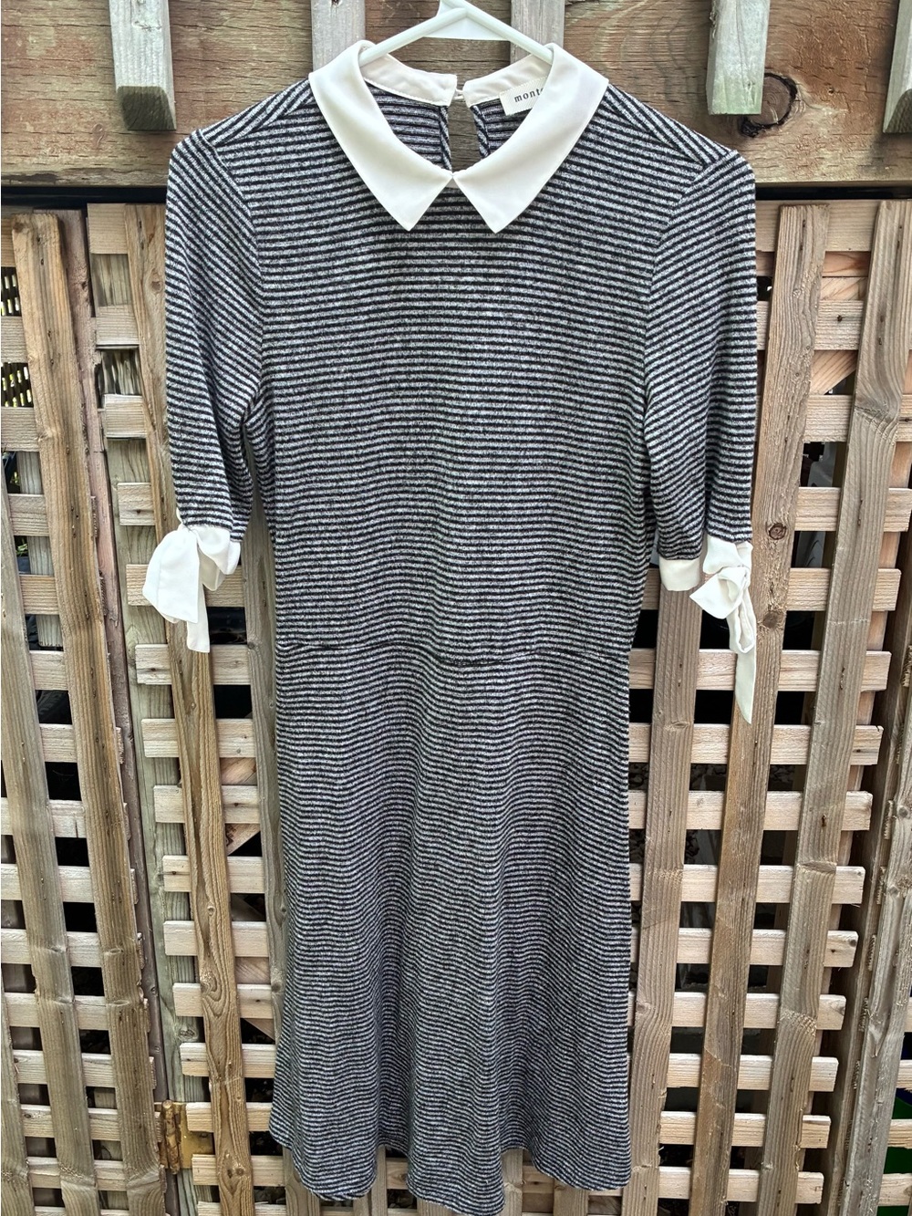 Monteau Black and Gray Striped Midi Dress with Cream Collar and Sleeve Bows